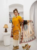 3 Pcs Women's Stitched Cotton Embroidered Suit - Image 3