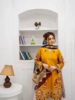 3 Pcs Women's Stitched Cotton Embroidered Suit - Image 8